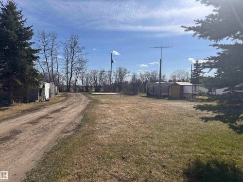 Expansive lot featuring a gravel driveway, mature evergreen trees, and a distant treeline - 5211 50 Avenue, Fawcett, AB 