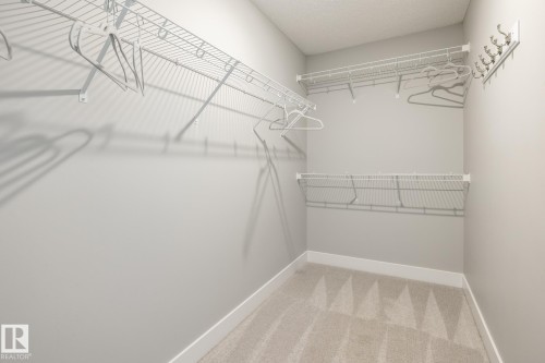 Walk-in closet featuring wire shelving, wall-mounted coat hooks, light gray wall paint, white baseboards, and light-toned carpet flooring - 1440 Darby Green, Edmonton, AB - Indoor With Storage
