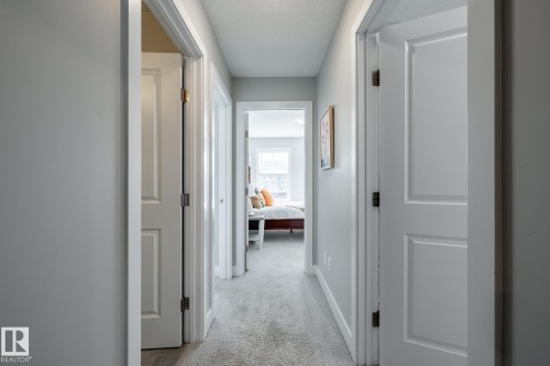 Carpeted hallway featuring light gray walls, white trim, and white two-panel interior doors - 1440 Darby Green, Edmonton, AB - Indoor Photo Showing Other Room