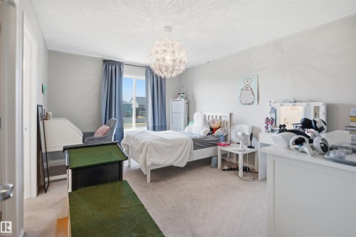 Carpeted bedroom with a large window, light gray walls, and a contemporary spherical pendant light fixture - 7323 24 Ave, Edmonton, AB - Indoor Photo Showing Bedroom