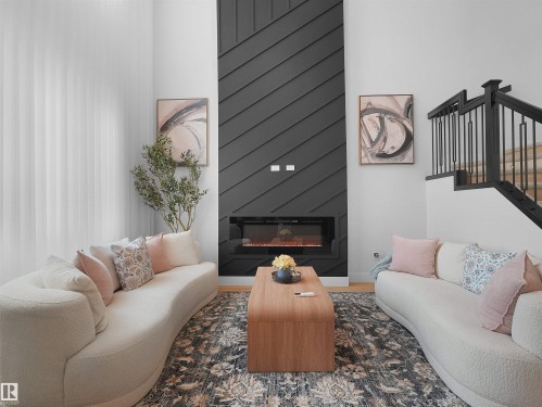 open-to-above living room with motorized blinds - 22803 80 Avenue, Edmonton, AB 