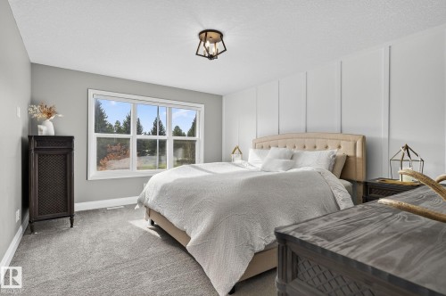 Spacious room featuring light gray walls, plush gray carpeting, a large white-framed window, a contemporary black and bronze ceiling light fixture, and a decorative paneled accent wall - 1737 Dumont Crescent, Edmonton, AB - Indoor Photo Showing Bedroom