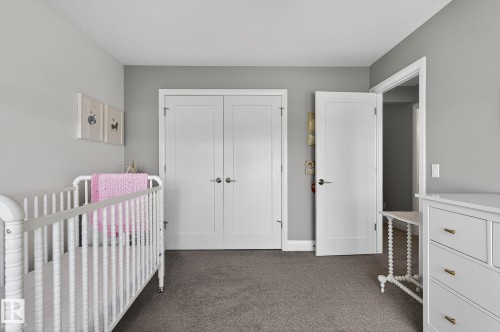 Neutral gray wall tones, dark gray carpeting, and white trim - 1737 Dumont Crescent, Edmonton, AB - Indoor Photo Showing Bedroom