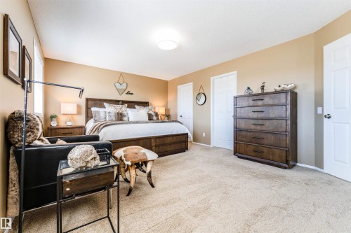 Spacious bedroom featuring neutral carpeting and light tan walls - 847 Blacklock Way, Edmonton, AB - Indoor Photo Showing Bedroom