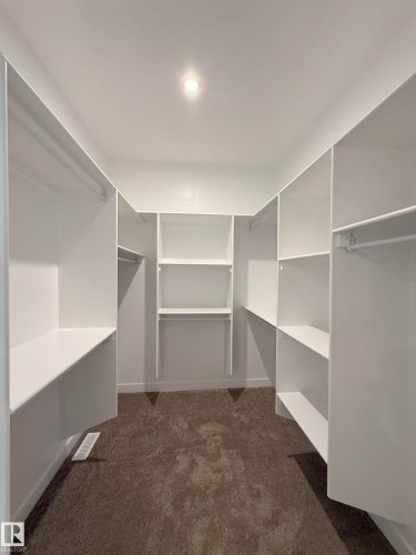 The property features a closet with built-in white shelving and hanging rods, brown carpet flooring, and a ceiling light fixture - 17 Trill Point(E), Spruce Grove, AB - Indoor With Storage