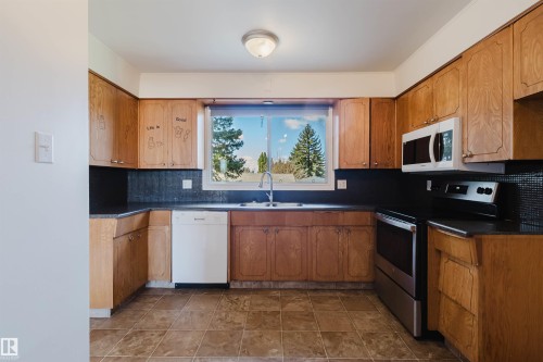 Functional kitchen featuring wood-finish cabinetry, dark countertops, and a tiled backsplash - 3752 114 Street, Edmonton, AB - Indoor Photo Showing Kitchen With Double Sink