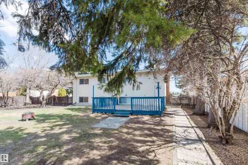 Spacious backyard featuring a blue painted deck, a paver stone pathway, and mature trees - 3752 114 Street, Edmonton, AB - Outdoor