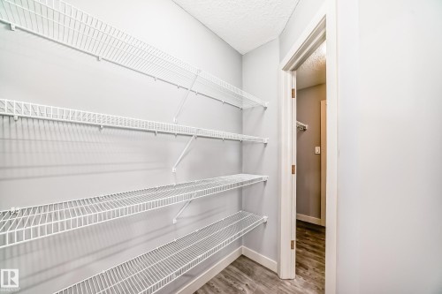 Interior storage area featuring light gray walls, white wire shelving, wood-finish flooring, and white trim - 1669 Hammond Crescent Nw, Edmonton, AB - Indoor With Storage