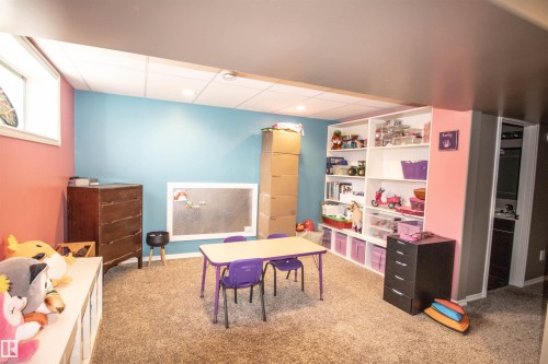 Finished room featuring carpet flooring, built-in shelving, recessed lighting, and a utility sink visible through an open doorway - 5121 52 Ave, St. Paul Town, AB - Indoor