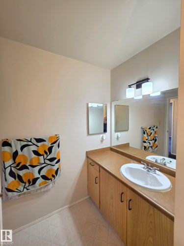 Bathroom vanity featuring an integrated sink, wood-finish cabinetry, a large wall-mounted mirror, and a three-light fixture - 304 34 Alpine Place, St. Albert, AB - Indoor Photo Showing Bathroom