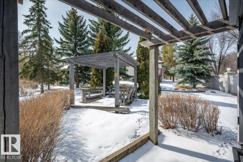 The property features a wooden pergola structure, surrounded by mature evergreen trees and shrubs - 19 1203 Carter Crest Road, Edmonton, AB - Outdoor