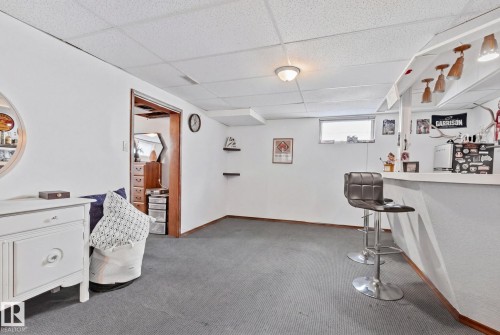 Recreation room featuring textured carpet flooring, dropped acoustic ceiling, and a built-in bar with overhead lighting - 13516 104A Street, Edmonton, AB - Indoor Photo Showing Other Room