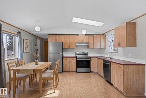 Kitchen featuring wood-finish cabinetry, stainless steel appliances, and a skylight - 623 Evergreen Park, Edmonton, AB - Indoor Photo Showing Kitchen With Double Sink