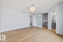 Light wood-finish flooring, a contemporary chandelier, a custom closet with built-in shelving, a frosted glass barn door, and a full bathroom with a single vanity - 