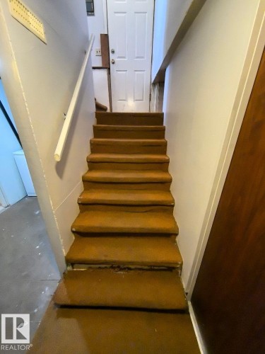 Carpeted staircase with white handrail and solid core door - 10815 68 Avenue, Edmonton, AB - Indoor Photo Showing Other Room