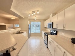 Kitchen featuring light-toned countertops, white cabinetry with brushed nickel hardware, and a stainless steel appliance suite - 