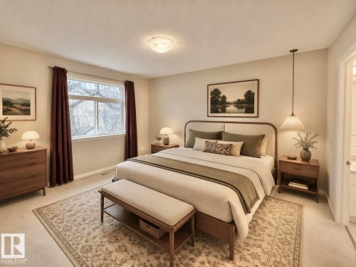 Carpeted room featuring a large window, recessed lighting, and a pendant light fixture - 97 465 Hemingway Road, Edmonton, AB - Indoor Photo Showing Bedroom