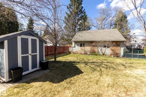 Expansive backyard featuring a gray storage shed with white trim, a red wooden fence, a detached auxiliary building with horizontal siding, and a chain-link fence - 11516 72 Avenue, Edmonton, AB - Outdoor