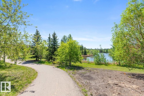 Paved walking path winding through a landscape with mature trees and a tranquil pond - 7641 Schmid Crescent, Edmonton, AB - Outdoor With View