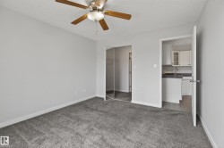Spacious interior room featuring light gray wall paint, gray carpeting, and a ceiling fan with light fixture - 