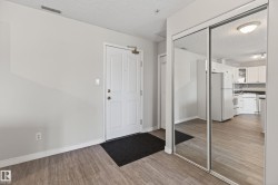 Entryway featuring wood-finish flooring, a paneled door, and mirrored closet doors - 