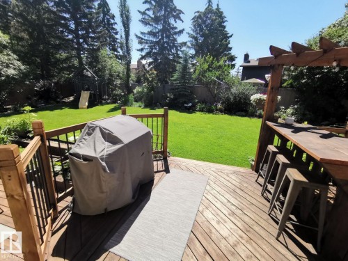 Expansive backyard featuring a wood deck, built-in wooden bar, and mature evergreen trees - 12423 28A Avenue, Edmonton, AB - Outdoor With Deck Patio Veranda