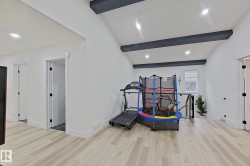 Vaulted ceiling with exposed dark wood beams - 