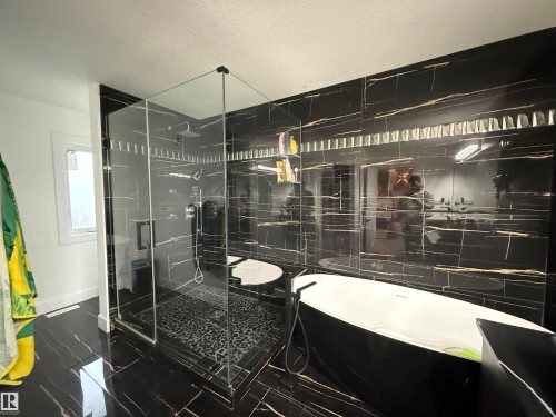 Bathroom featuring black tiled walls with gold veining, a frameless glass shower enclosure, a freestanding black and white bathtub, a rain showerhead, and matching black tiled flooring - 1210 Peregrine Terrace, Edmonton, AB - Indoor Photo Showing Bathroom