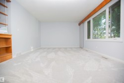 Spacious room featuring light gray walls, plush patterned carpeting, and a large multi-pane window with wood trim - 
