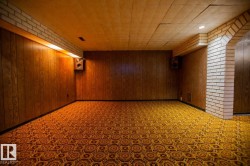Spacious room featuring wood paneling, white brick accents, and patterned carpet flooring - 