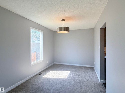Dining area featuring neutral gray walls, light gray carpeting, and white baseboards - 3912 108 Street, Edmonton, AB - Indoor Photo Showing Other Room