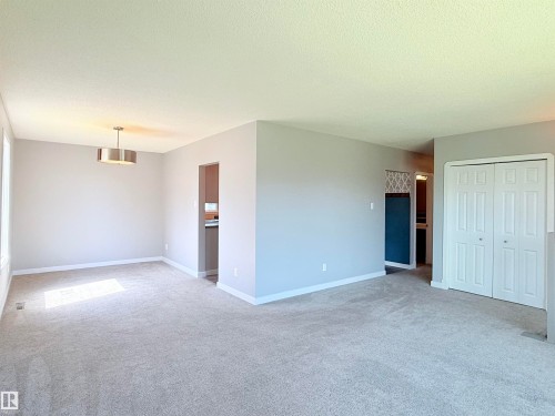 Spacious interior featuring light gray carpeting, white baseboards, and a contemporary ceiling light fixture - 3912 108 Street, Edmonton, AB - Indoor