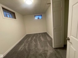 Room featuring new grey patterned carpeting, white walls, two egress windows, a flush-mount ceiling light, and white trim throughout - 