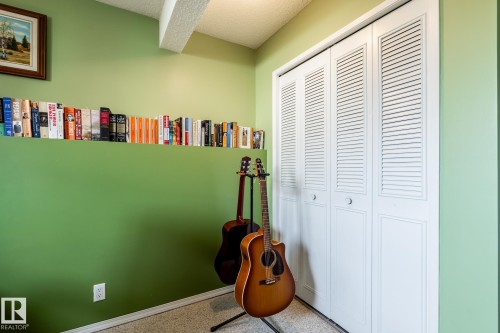 White louvered bi-fold closet doors with round pulls, set against a green wall - 3608 16A Avenue, Edmonton, AB - Indoor