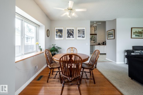 Dining area beside the living room, featuring a large window, wood-finish flooring, and a ceiling fan - 3608 16A Avenue, Edmonton, AB - Indoor Photo Showing Dining Room