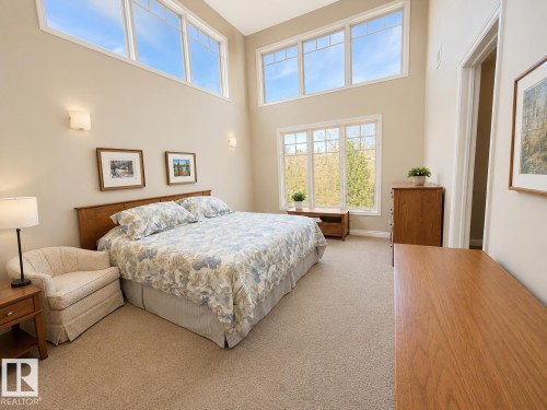 Spacious room featuring high vaulted ceilings, expansive window array, beige carpeting, and neutral wall paint - 301 9803 96A Street, Edmonton, AB - Indoor Photo Showing Bedroom