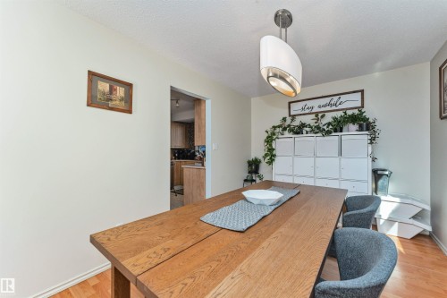Dining area featuring wood-finish flooring and a contemporary pendant light fixture - 49 Ash Crescent, St. Albert, AB - Indoor