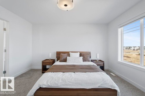 Room featuring a large window, carpeted flooring, white walls, and a ceiling-mounted light fixture - 19110 20A Avenue, Edmonton, AB - Indoor Photo Showing Bedroom