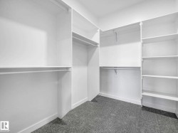 Walk-in closet featuring white built-in shelving, multiple hanging rods, white baseboards, and neutral grey carpeting - 