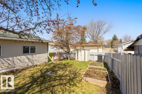 Expansive backyard featuring three raised garden beds, a storage shed, and a wooden fence - 3736 12 Avenue, Edmonton, AB - Outdoor