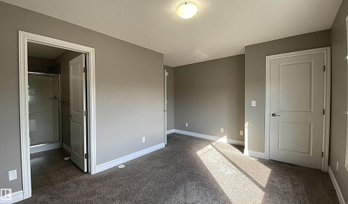 Spacious interior room featuring neutral gray walls, plush carpeting, white trim, and a semi-flush mount ceiling light - 1520 105 Street, Edmonton, AB - Indoor Photo Showing Other Room