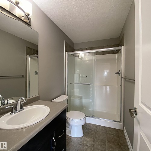 Bathroom featuring a stand-alone shower with glass enclosure, single vanity with integrated sink, and gray-toned wall and floor finishes - 1520 105 Street, Edmonton, AB - Indoor Photo Showing Bathroom