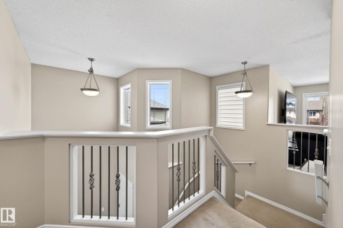 Staircase and landing featuring wrought iron balusters with decorative accents, neutral carpeting, and a series of windows providing natural illumination - 7723 7A Avenue, Edmonton, AB - Indoor Photo Showing Other Room