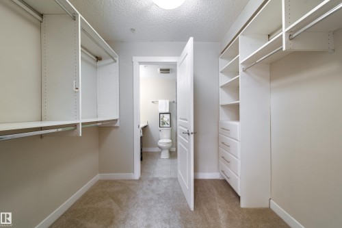 Walk-in closet featuring extensive built-in shelving, multiple hanging rods, and integrated drawers - 117 2229 44 Avenue, Edmonton, AB - Indoor With Storage