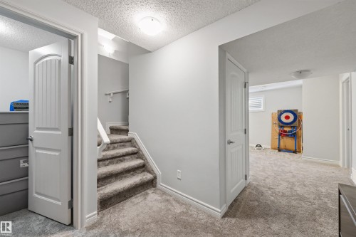 Carpeted staircase with white handrail, leading to an additional finished space with light gray walls, plush carpeting, and white trim - 6115 18 Avenue, Edmonton, AB - Indoor Photo Showing Other Room