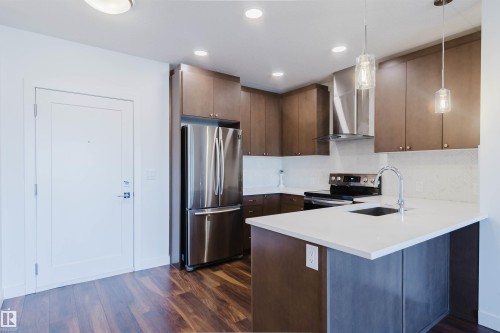 Modern kitchen featuring wood-finish flooring, stainless steel appliances, white countertops, and contemporary pendant lighting - 205 1316 Windermere Way, Edmonton, AB - Indoor Photo Showing Kitchen With Stainless Steel Kitchen