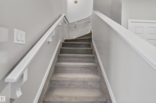 Carpeted staircase with white handrails and light gray wall paint - 22638 99A Avenue, Edmonton, AB - Indoor Photo Showing Other Room