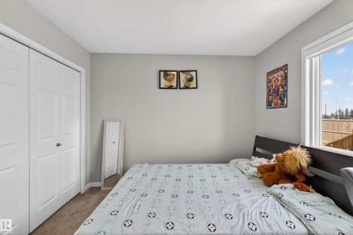 Bedroom featuring light gray walls, textured ceiling, brown carpet flooring, and a white framed window - 22638 99A Avenue, Edmonton, AB - Indoor Photo Showing Bedroom