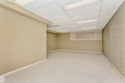 This expansive room features light-colored carpeting, neutral painted walls, and a drop ceiling with integrated lighting - 24 Sable Crescent, St. Albert, AB - Indoor