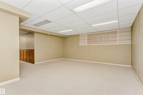 The property features a spacious room with light-colored carpeting, a drop ceiling with integrated lighting, and a window with shelving - 24 Sable Crescent, St. Albert, AB - Indoor